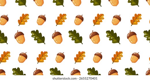 Seamless pattern with acorns and green and orange oak leaves in horizontal rows. This charming design captures autumn and woodland themes. Perfect for seasonal decor digital papers and childrens proje