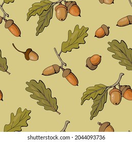 Patrón sin foco con bellotas. Estilo dibujado a mano. Diseño para tela, textil, embalaje, papel pintado.	