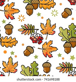 Seamless pattern with acorns, leaves and berries. Vector background in autumn style. Mature acorns, maple, oak and rowan leaves of yellow, green and red hues on white.