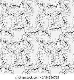 seamless pattern, acorns with leaves in black and white, coloring antistress