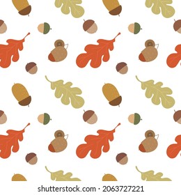 Seamless pattern with acorns and leaves in the Scandinavian style. Children's illustration, print for fabric and children's clothing.