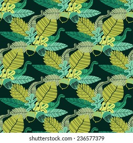 Seamless pattern with acorns and  leaves. Vector illustration. Hand drawn background.