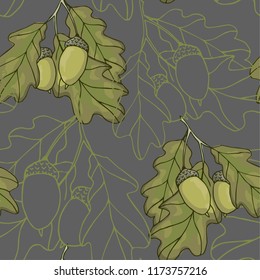 Seamless pattern with acorns and oak leaves. Autumn wallpaper. Forest ornament. 