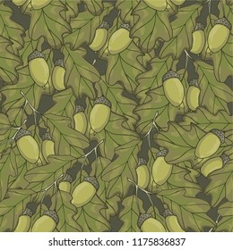 Seamless pattern with acorns and oak leaves. Autumn wallpaper. 