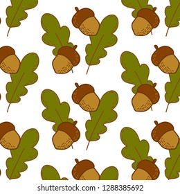 Seamless pattern with acorns and oak leaves. Transparent background. Can be used like wallpaper, textile. Childish design.