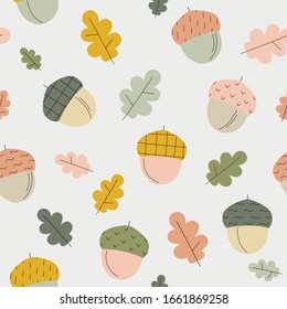 Seamless pattern with acorns and oak leaves. Surface design for gift paper, wallpaper, web page background, greeting cards, textile.