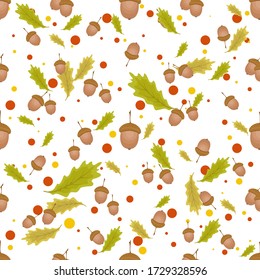 Seamless pattern with acorns, oak leaves, red and yellow circles on white background. Vector hand drawn illustration.