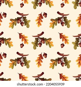 Seamless pattern with Acorns and oak leaves. Autumn, thanksgiving day, fall concept. Vector illustration. Perfect for product design, wallpaper, scrapbooking.
