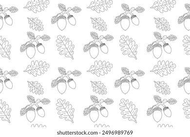 Seamless pattern of acorns and oak leaves in black and white. Ideal for coloring pages, autumn designs, and craft projects.