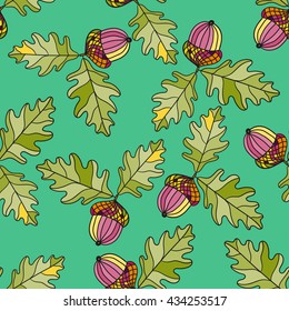 Seamless pattern with acorns and oak leaves. Vector,