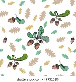 Seamless pattern with acorns and oak leaves on white background. Illustration for textile, wrap or wallpaper.