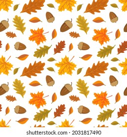 Seamless pattern with acorns and orange maple and oak leaves. Bright autumn print with nature and forest plants