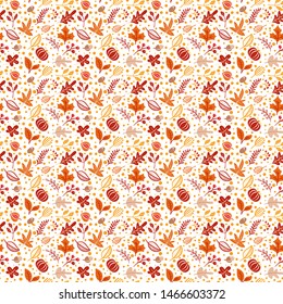 Seamless pattern with acorns, pumpkin and autumn oak leaves in Orange and Brown. Perfect for wallpaper, gift paper, pattern fills, web page background, autumn greeting cards