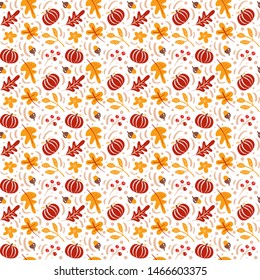 Seamless pattern with acorns, pumpkin and autumn oak leaves in Orange and Brown. Perfect for wallpaper, gift paper, pattern fills, web page background, autumn greeting cards