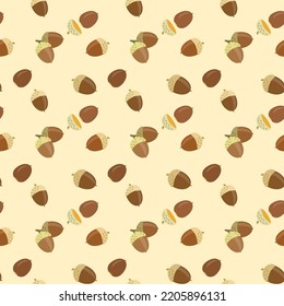 Seamless pattern of acorns scattered on beige background. Cartoon-style illustration of Quercus acorns.