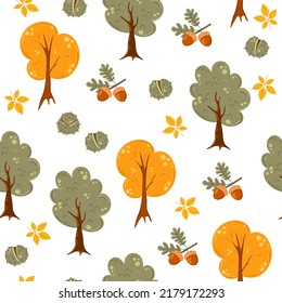 Seamless pattern with acorns, tree and oak leaves. Natural background. Vector illustration. Vector pattern for background, fabric, textile, wrap, surface, web and print design.