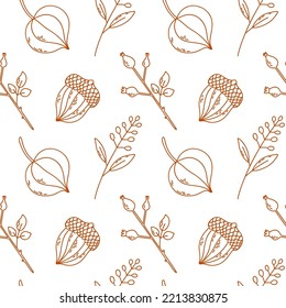 Seamless pattern with acorns, wild rose, physalis. Perfect for wallpaper, gift paper, pattern fills, web page background, autumn greeting cards.