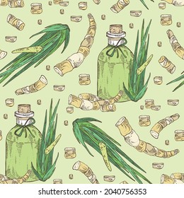 Seamless pattern with acorus calamus: plant, leaves and root of calamus and bottle of acorus calamus essential oil. Cosmetic, perfumery and medical plant. Vector hand drawn illustration.