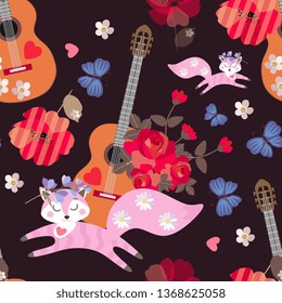 Seamless pattern with acoustic guitars, funny pink foxes, blue butterflies, hearts and red poppies on black background. Print for fabric.
