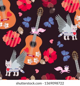 Seamless pattern with acoustic guitars, winged tabby cats, little jumping foxes, blue butterflies, hearts and red poppies on black background. Print for fabric.