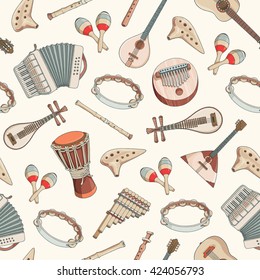 Seamless pattern with acoustics instruments from different cultures and places