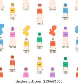 Seamless pattern with acrylic or oil paints in tubes. School and art supplies, stationery. Vector illustration in flat style