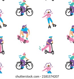 Seamless pattern active sports, people, teenagers. Bicycle, scooter, roller skates, skateboard. Urban culture, bright, vector cartoon doodle style.