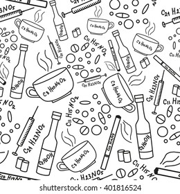 Seamless pattern with addiction and drugs. Doodle illustration.