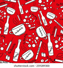 Seamless pattern with addiction and drugs on red background