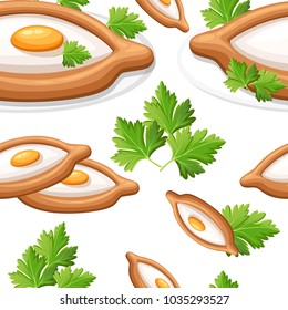 Seamless pattern of adjarian khachapuri with herb freshly baked flat bread filled with cheese and raw egg flat flat vector illustration on white background web site page and mobile app design