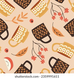 Seamless pattern with adorable autumn cups and flowers, hand drawn vector illustration