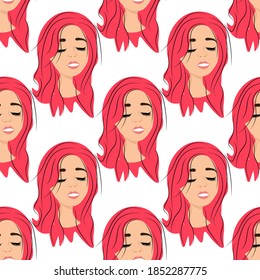 Patrón sin foco con adorables chicas avatares en un fondo blanco. Perfil de una joven frente a frente en un estilo plano. Alegres rostros relajados de la gente. Ilustración vectorial de material para diseño, decoración