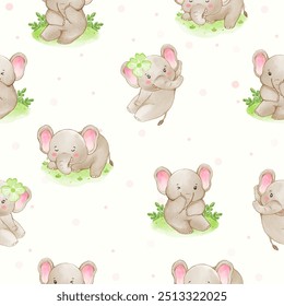 Seamless pattern of adorable baby elephants in watercolor style.