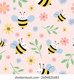 Seamless pattern with adorable bees, flowers and green leaves. Spring floral background for kids. Cute and cheerful design. Flat vector illustration. Isolated on soft pink background.