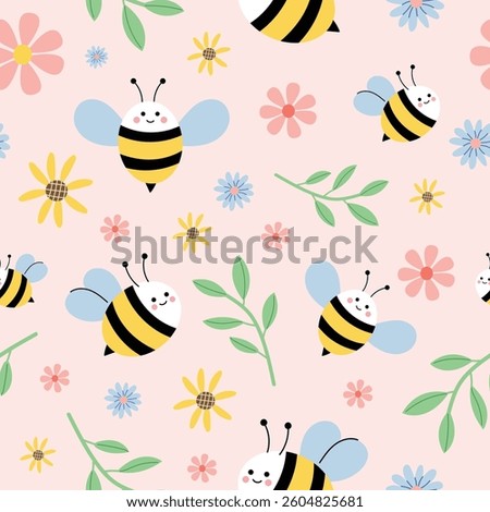 Seamless pattern with adorable bees, flowers and green leaves. Spring floral background for kids. Cute and cheerful design. Flat vector illustration. Isolated on soft pink background.