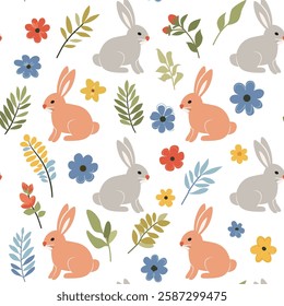 Seamless pattern with adorable beige and gray bunnies, pastel flowers, and branches. Soft pastel tones on a transparent background. Perfect for Easter designs, fabrics, and digital prints.