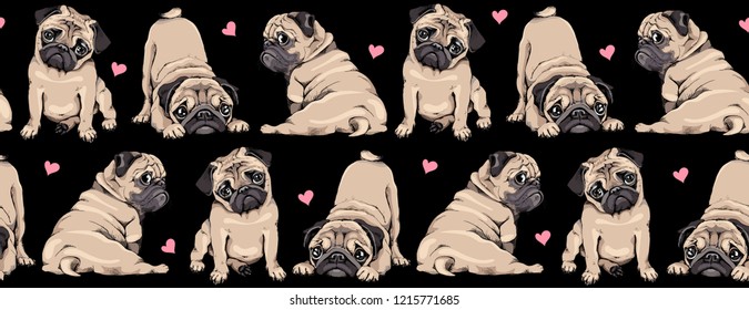 Seamless pattern. Adorable beige Pug puppies and pink hearts on a black background. Textile composition, hand drawn style print. Vector illustration.