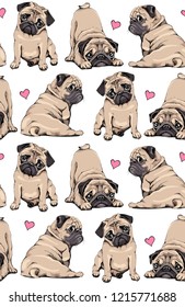 Seamless pattern. Adorable beige Pug puppies and pink hearts on a white background. Textile composition, hand drawn style print. Vector illustration.