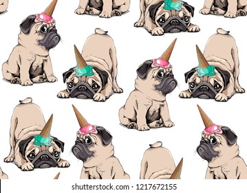 Seamless pattern. Adorable beige puppies Pugs in a ice cream party cap on a white background. Textile composition, hand drawn style print. Vector illustration.