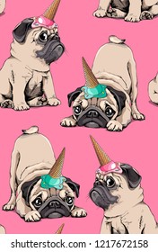 Seamless pattern. Adorable beige puppies Pugs in a ice cream party cap on a pink background. Textile composition, hand drawn style print. Vector illustration.