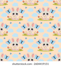 Seamless pattern with adorable bunnies, butterflies, and clouds on a soft pastel background. Ideal for Easter decorations, children’s textiles, wrapping paper, wallpapers, and spring-themed projects