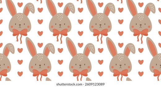 Seamless pattern with adorable bunny faces wearing red bows, surrounded by small hearts. A cute and soft spring-themed design perfect for textile, kids’ products, or Easter decorations