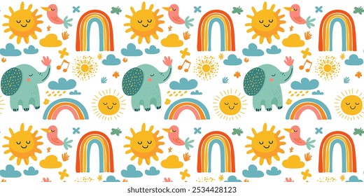 Patrón sin fisuras con adorables animales de dibujos animados y alegres escenas de la naturaleza, un lindo elefante rodeado de soles felices, nubes y arco iris, perfecto para la decoración de la pared del vivero