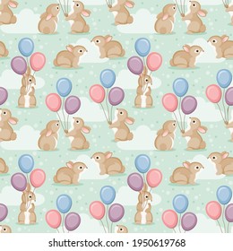 Seamless pattern with adorable cartoon bunnies with colorful balloons. Vector illustrtion.
