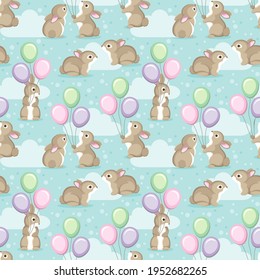 Seamless pattern with adorable cartoon bunnies with colorful balloons. Vector illustrtion.