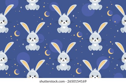 Seamless pattern with adorable cartoon bunnies, yellow crescent moons, stars, and dots on a dark blue background. Design concept for kids. Vector illustration