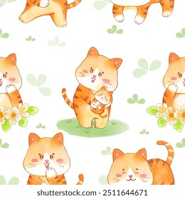 Seamless pattern of adorable cartoon cats with floral accents on a light background. Perfect for fabric, stationery, and decor.