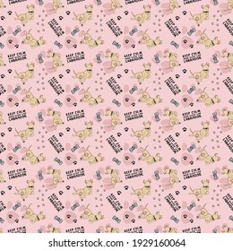 Seamless pattern with adorable cartoon dogs with paw prints on the background. Vector illustration of cute sleeping puppy. Keep calm and sleep like labrador. Fit for wrapping, background and textile