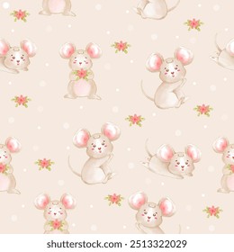 Seamless pattern of adorable cartoon mice with pink ears and flowers on a pastel background. Perfect for children’s textiles and decor.