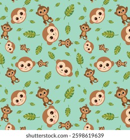 Seamless Pattern of Adorable Cartoon Monkeys with Green Leaves